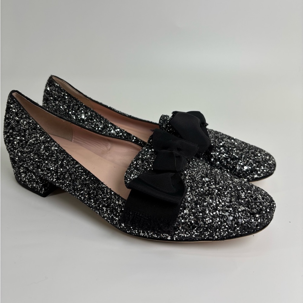 Kate Spade silver glitter shoes 8.5 low heels black bow Italian leather